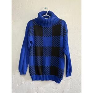 Crazy Horse vintage plaid turtleneck heavy ramie sweater womens large retro 80s